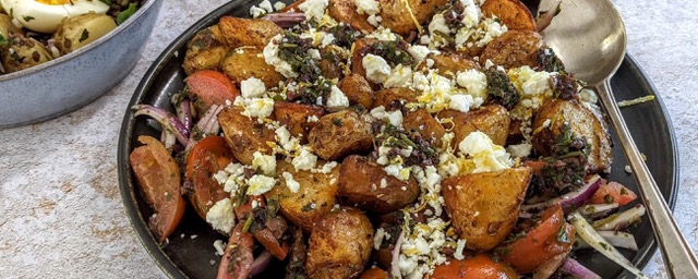 Roasted New Potatoes with Tomatoes/Feta & Salsa Verde